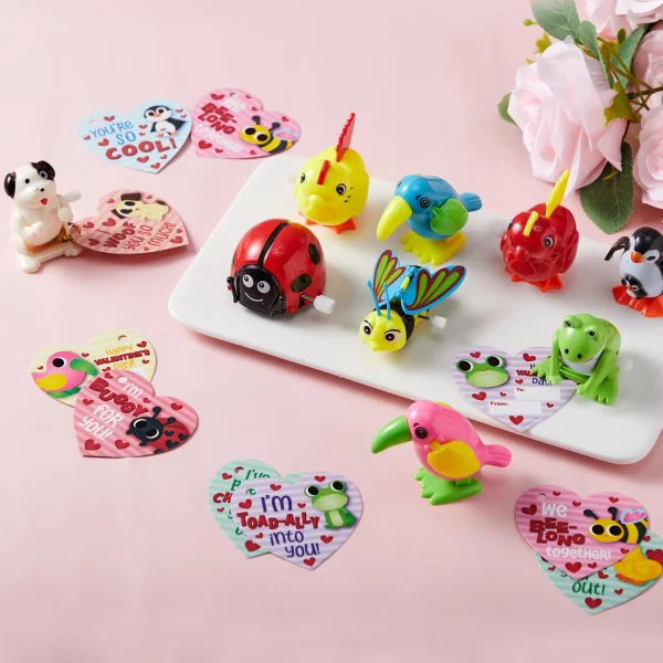 28Pcs Wind Up Toy with Kids Valentines Cards for Valentine Party Favors