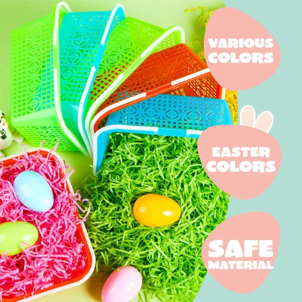 6Pcs Easter Plastic Baskets with Tricolor Easter Fake Grass Paper Shred