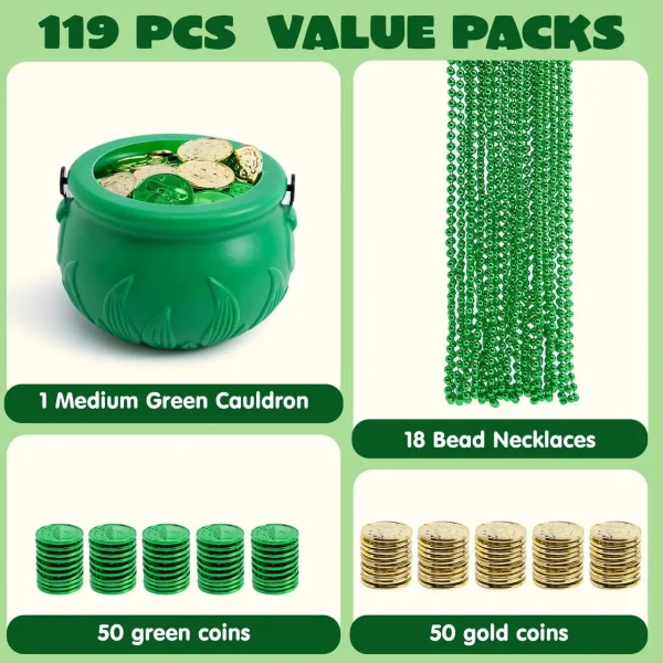 St Patrick's Green Cauldrons with Bead Necklaces and Coins