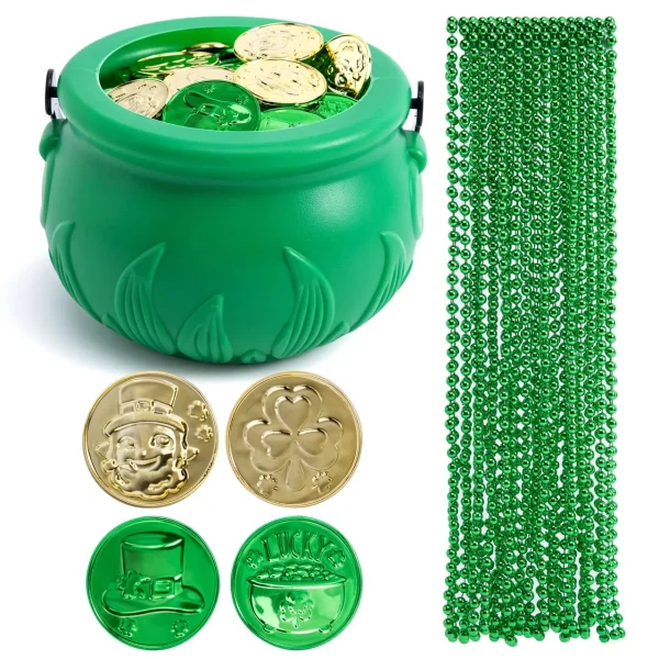St Patrick's Green Cauldrons with Bead Necklaces and Coins