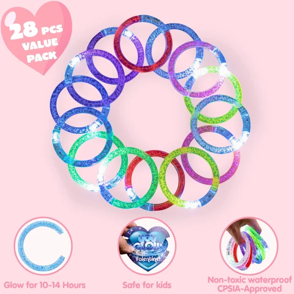 28Pcs Glow Sticks Bracelets with Kids Valentines Cards for Valentines Party Favors