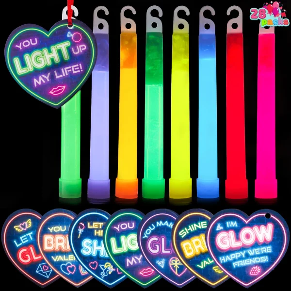 28Pcs Kids Valentines Day Cards with Ultra Bright Large Glow Sticks