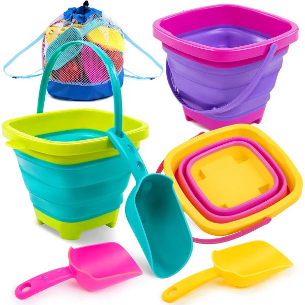 3 Pcsks Collapsible Four-sided beach bucket with Shovels (Pink)