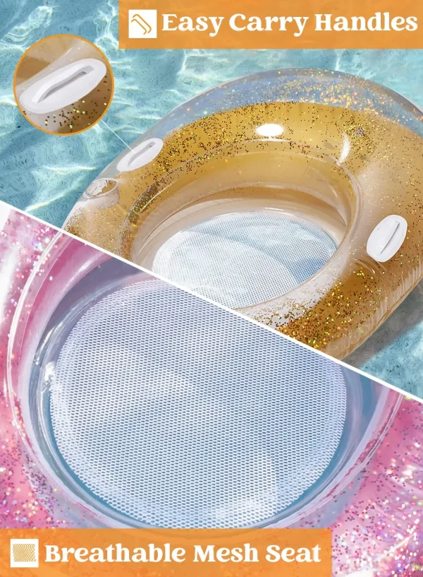 2Pcs Glittering Inflatable Pool Float, 51” x 41”, Yellow and Pink