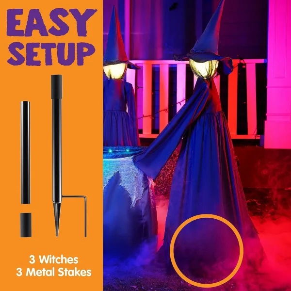 3pcs Halloween Black Light Up Witch Garden Stake 48in