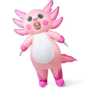 Pink Full Body Axolotl Inflatable Suit Air Pump Power Bank for Halloween Costume Set