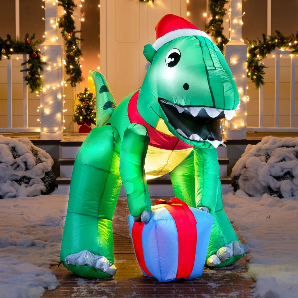 Giant christmas dinosaur inflatable holding gift