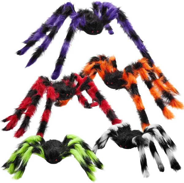 5 Pcs Colorful Halloween Giant Striped Hairy Spiders Set
