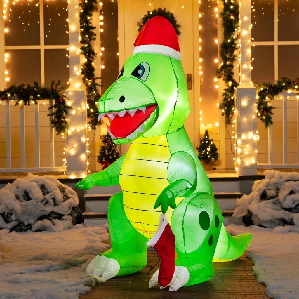 Blow up dinosaur holding a stocking