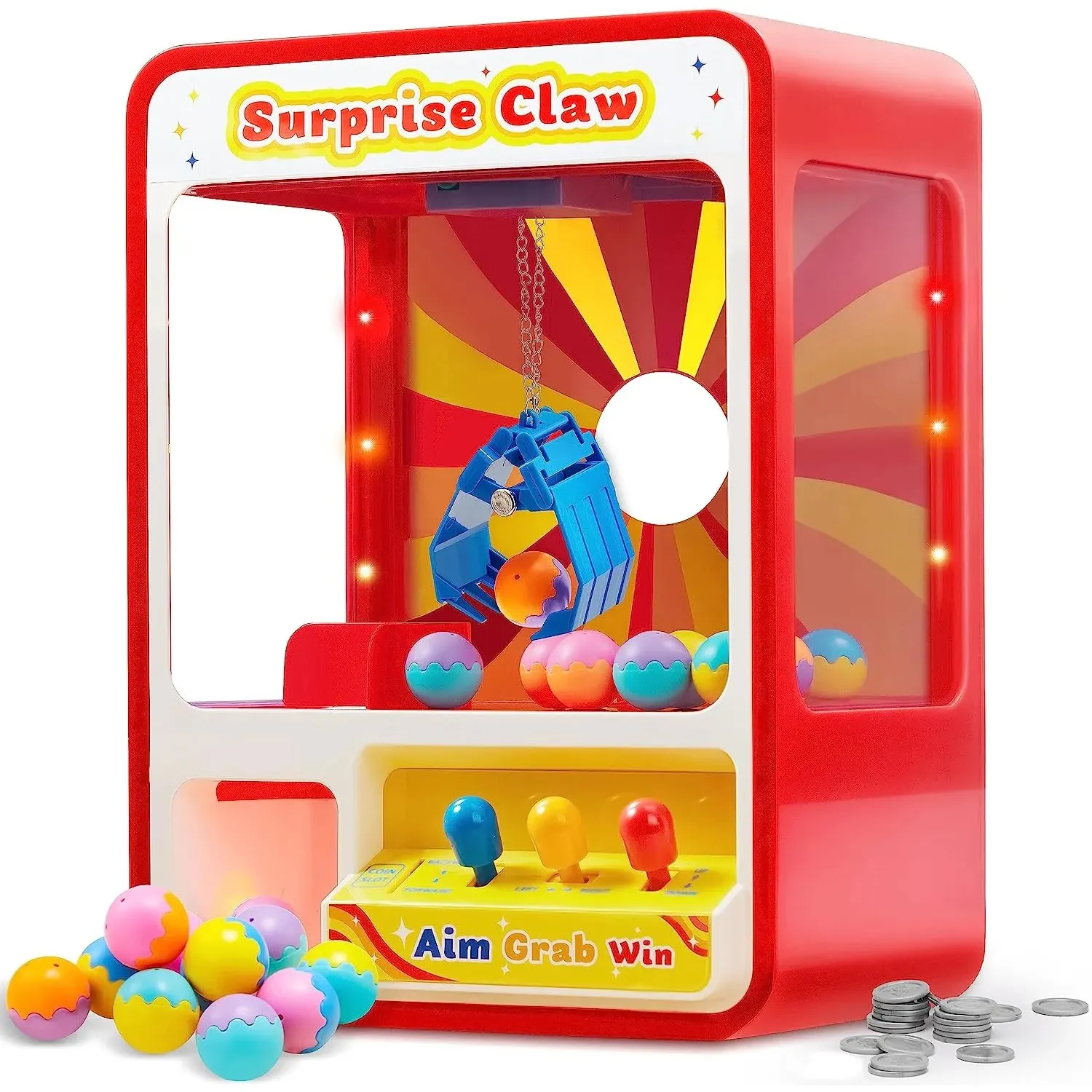 JOYIN Claw Machine Arcade Toy with LED Light & Adjustable Sound, Rechargable Dispenser Toys Mini Vending Machine with Play Balls for Kids - Perfect