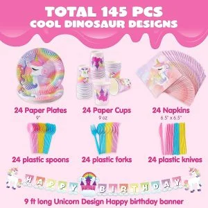 145pcs Birthday Party Supplies Unicorn with Banner