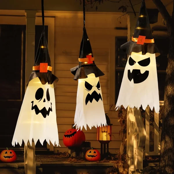 3Pcs 19.6in Halloween Light-up Hanging Ghost Witch Hat Lights