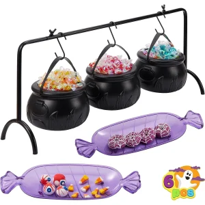 6 PCS Halloween Party Decoration Set, 3 Witches Cauldron Serving Bowls, 2 Purple Candy Discs, a Black Metal Shelf with 3 Hooks