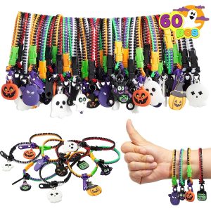 60 PCS Halloween Zipper Bracelets Bulk Set, Zipper Wristbands Party Favors for Kids