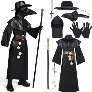 Black Plague Doctor Costumes Set, 10 in 1 Halloween Beak Mask Plague