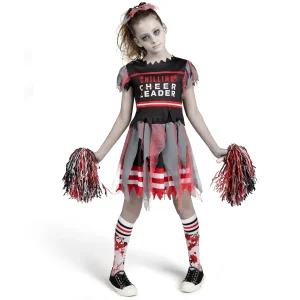 Girls Black and Red Dreadful Cheerleader Zombie Costume