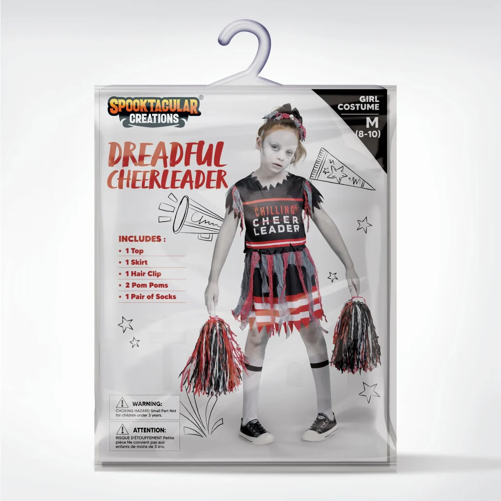 Girls Zombie Cheerleader Costume + Pom Poms Kids Scary Fearleader Halloween