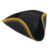 Halloween Black Pirate Hat, Colonial Tricorn Hat with Gold Trimming for Adults