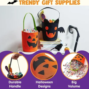 JOYIN Halloween Bat and Pumpkin Candy Tote Bucket Set Reusable Felt Trick or Treat Goody Bags