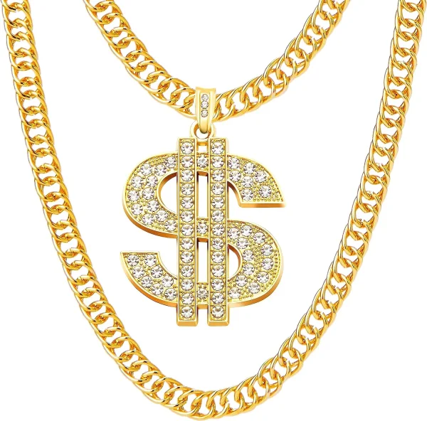Spooktacular Creations 2 Pcs Gold Dollar Chain, Dollar Sign Necklace