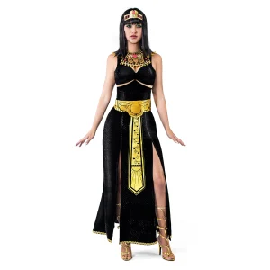 Women Black Cleopatra Dress Costume Set with Necklace, Belt, Headband