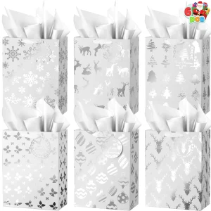 12 PCS Christmas Holiday Foil Silver Gift Bags 8″ x4.5″ x10.5″