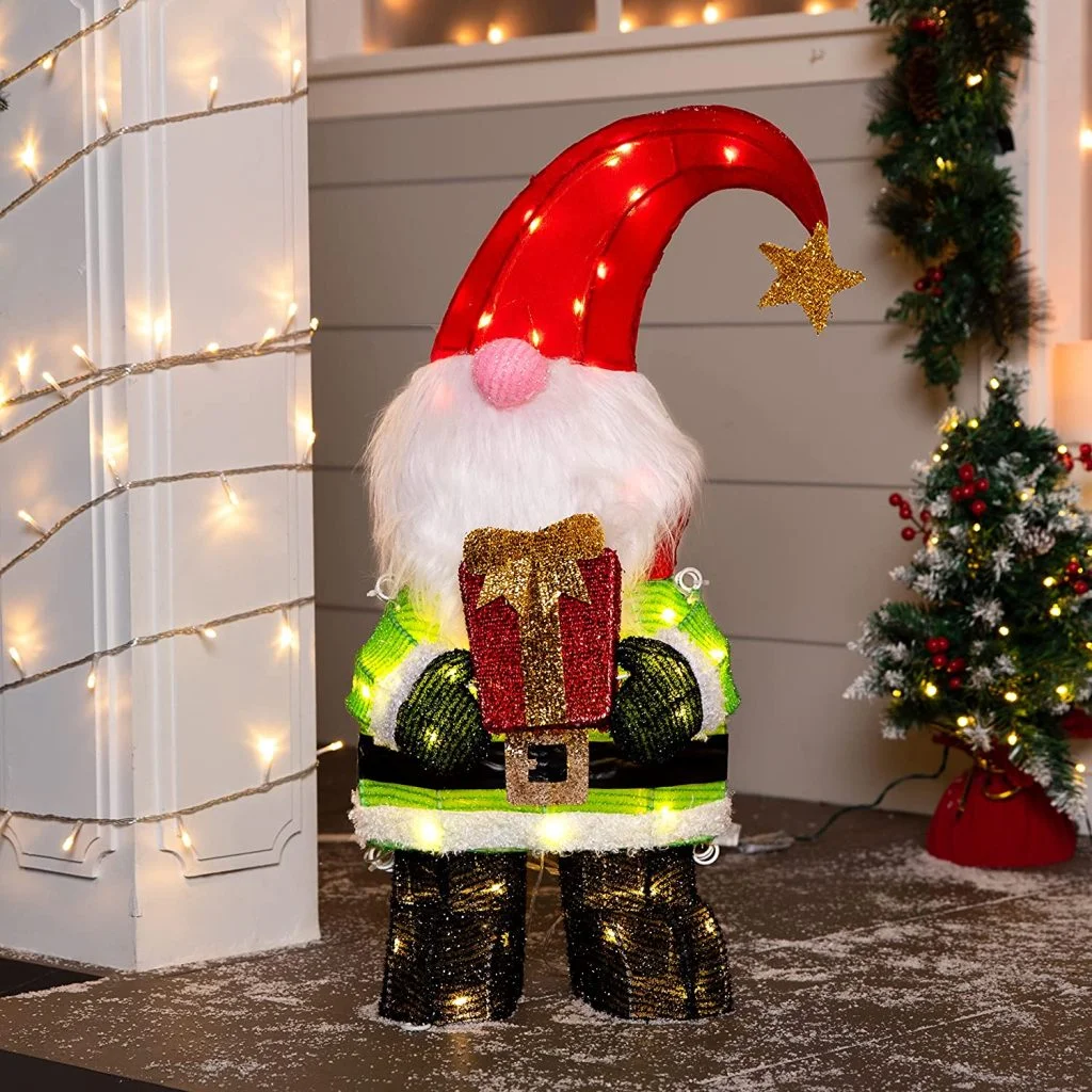 3D Christmas Tinsel Plush Gnome LED Yard Lights