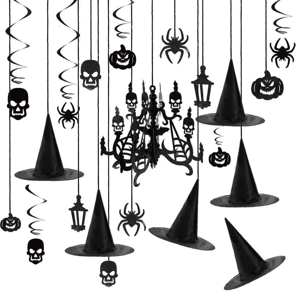 Hanging swirl decorations and witch hats