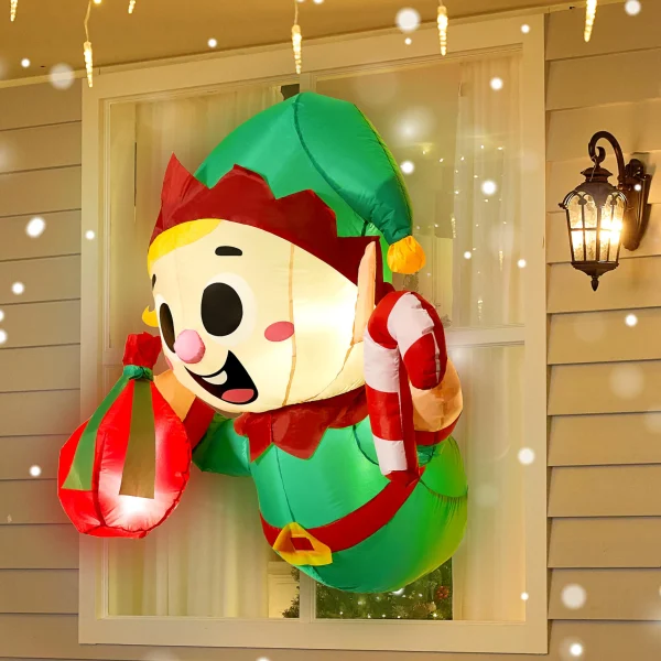 3.5ft Tall Christmas Inflatable Santa Elf Broke Out from Window with Built-in LEDs