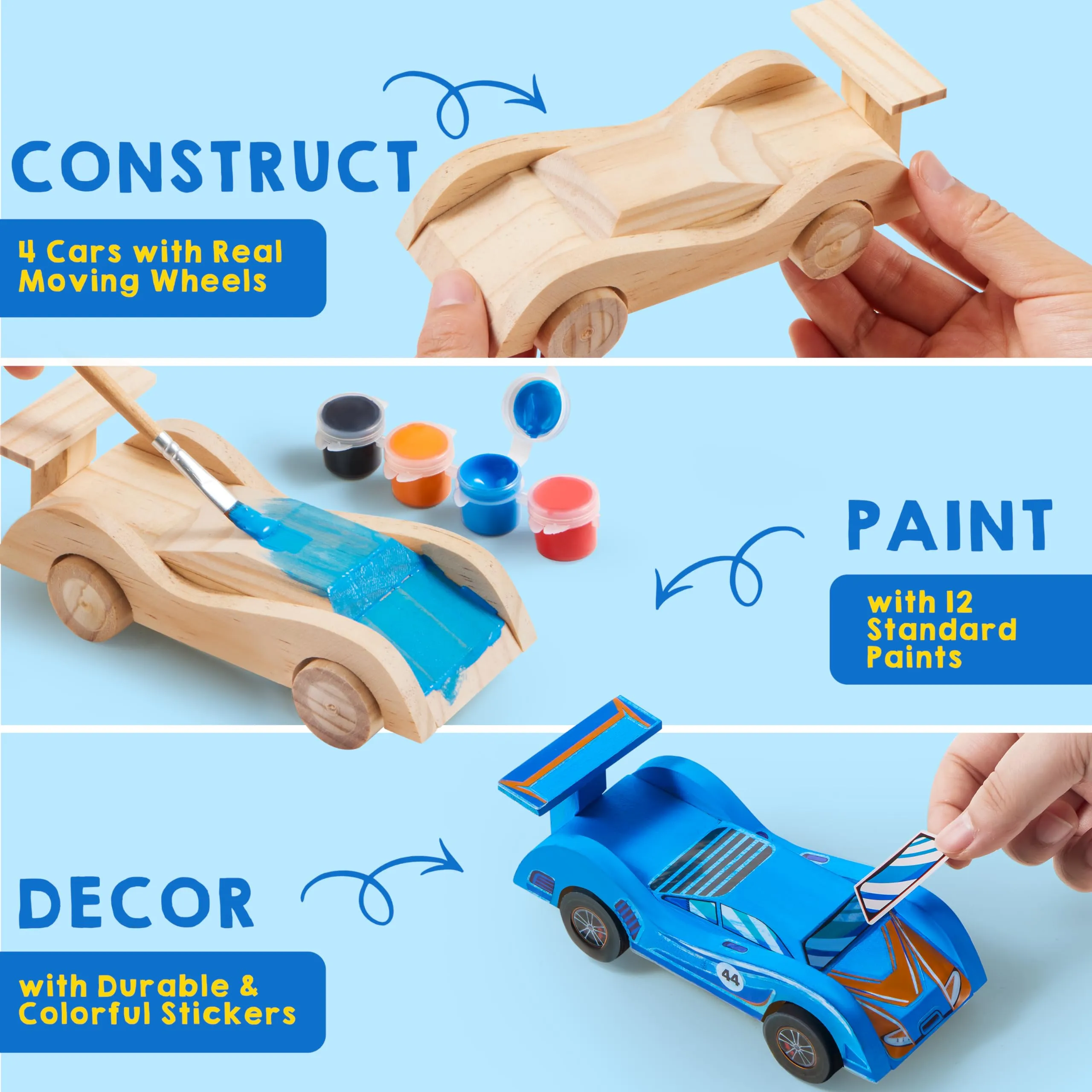 Fun 4Pcs DIY Wooden Race Cars Easy to Assemble Arts Crafts Kit