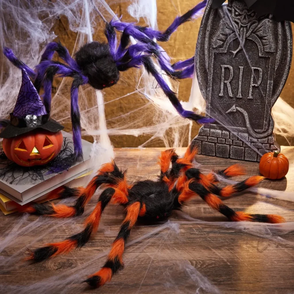 Hairy spiders and carved pumpkin