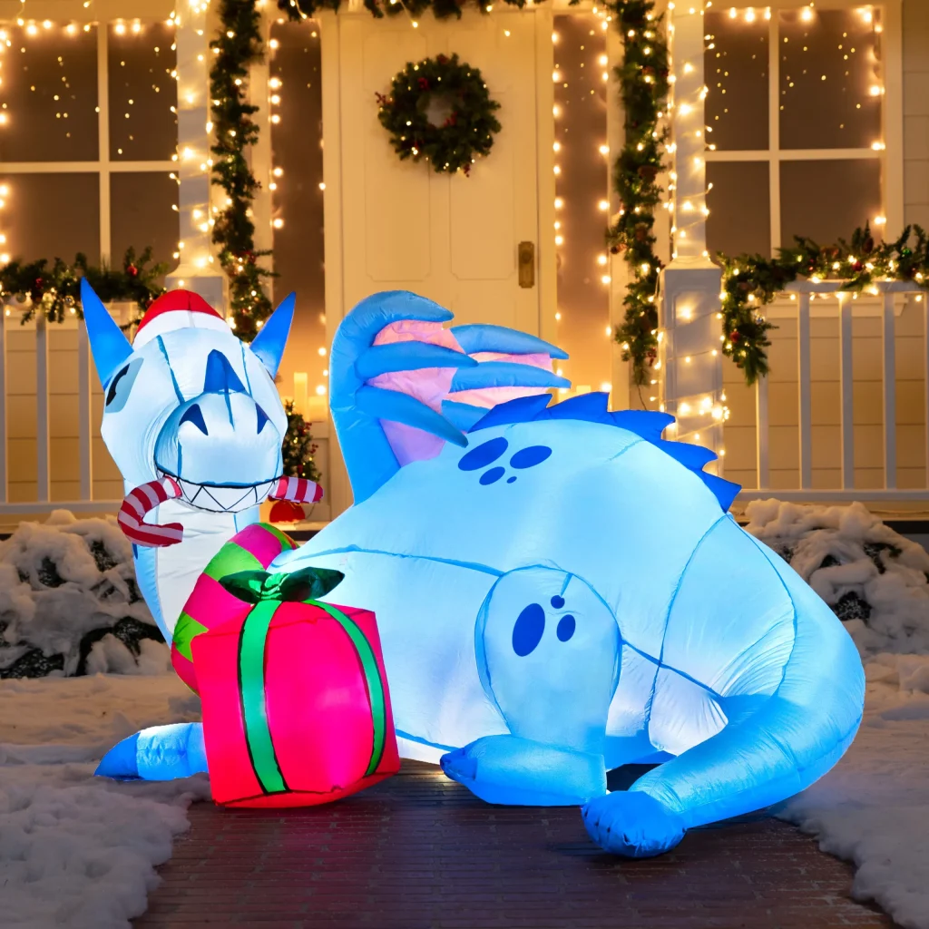 Led blue christmas inflatable dragon guarding gift