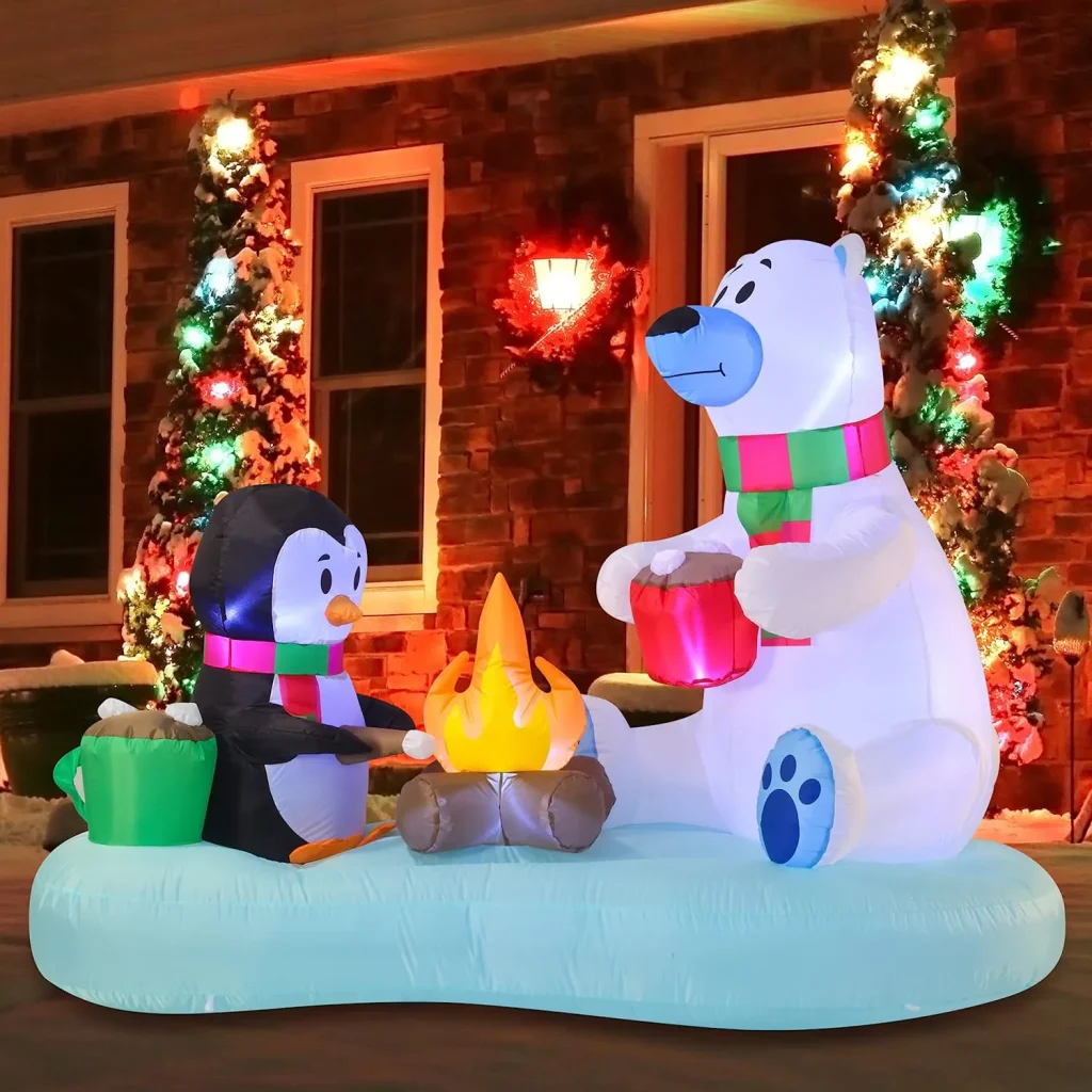Polar bear and penguin with campfire