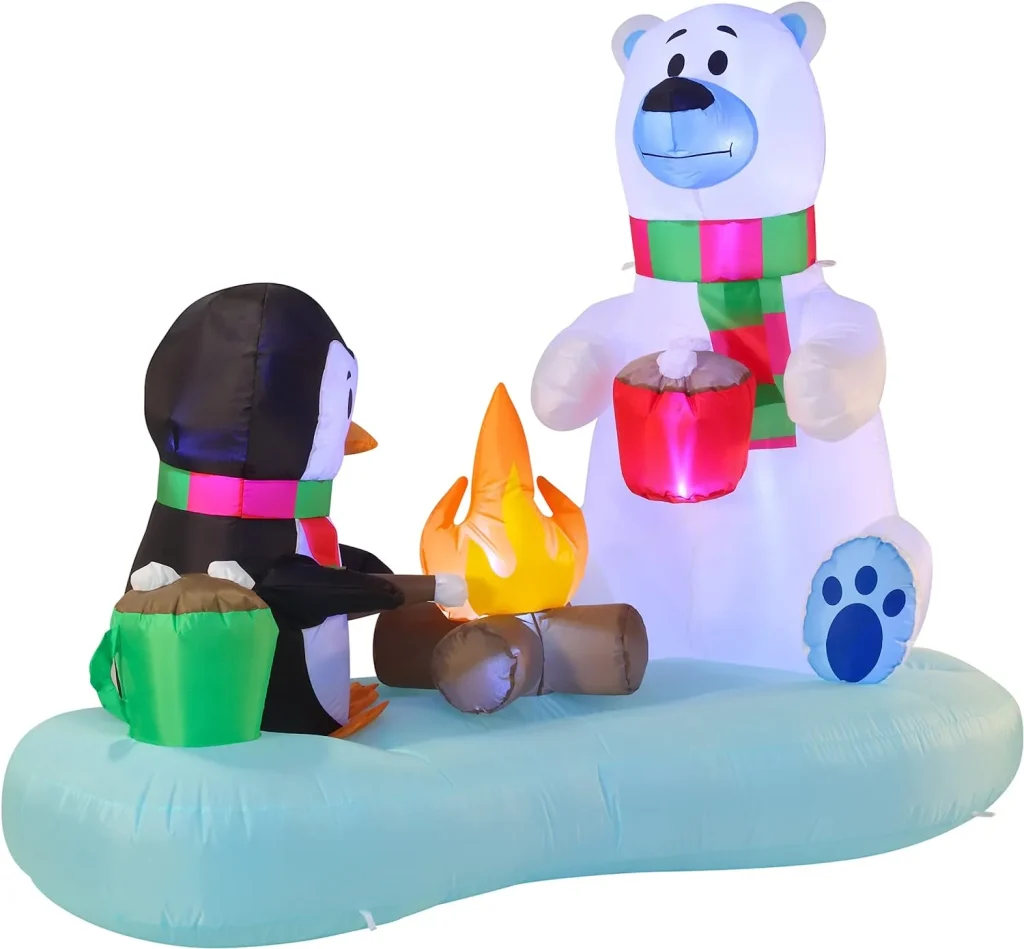 Long Inflatable Polar Bear and Penguin with Campfire