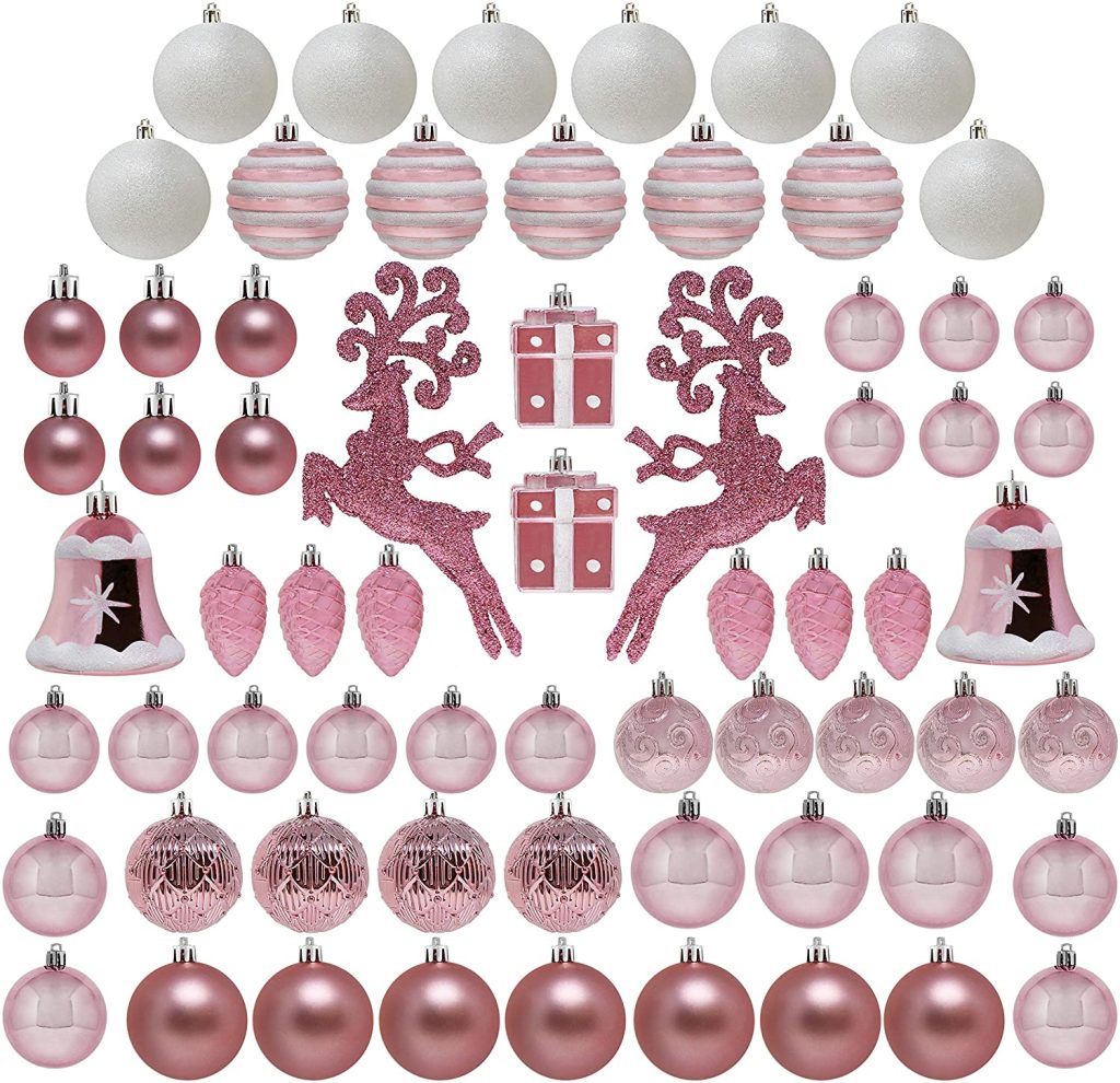 White & Pink Assorted Christmas Tree Ornaments 66pcs