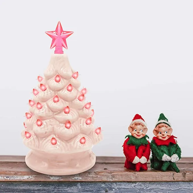 Pink prelit tabletop ceramic christmas tree decor