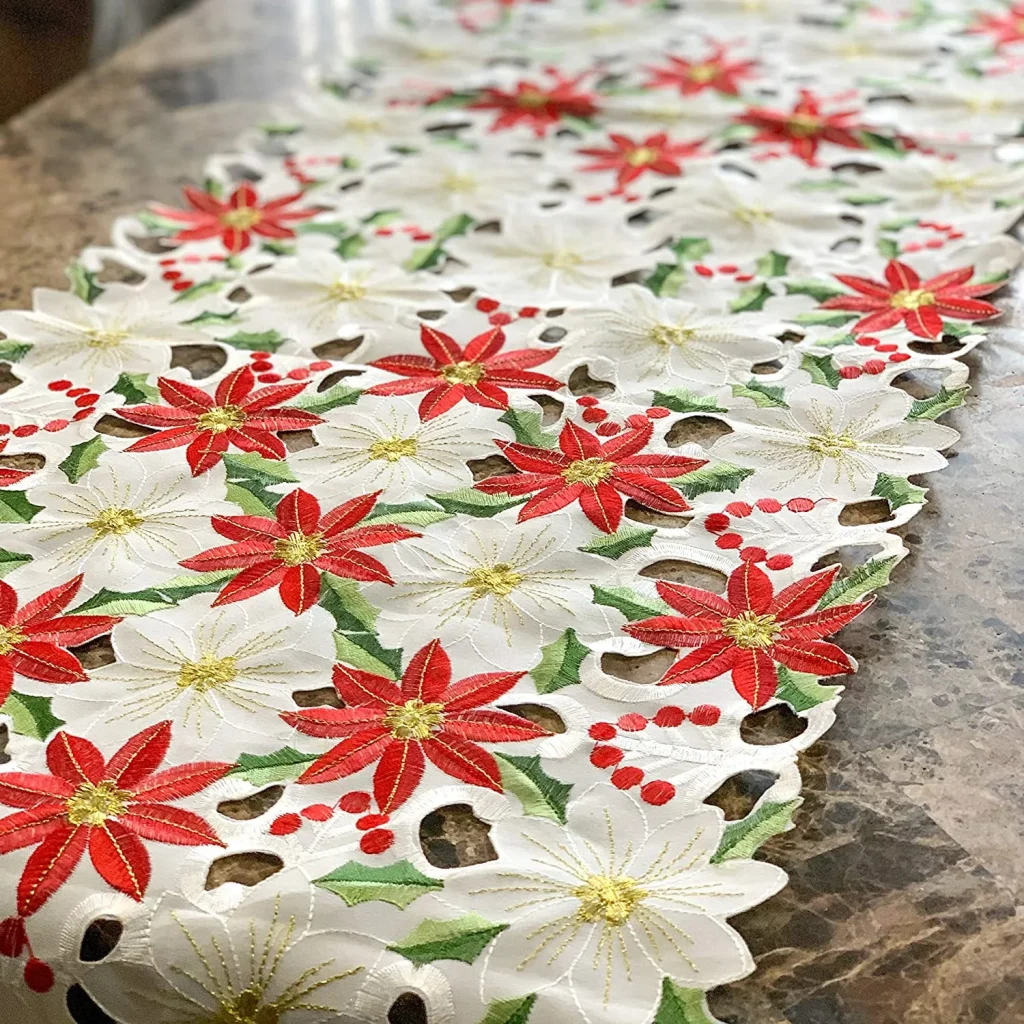 Embroidered poinsettia holly leaf and flower runner