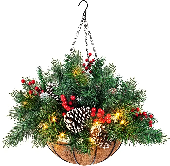 christmas pre lit hanging basket 20in outdoor hanging decor