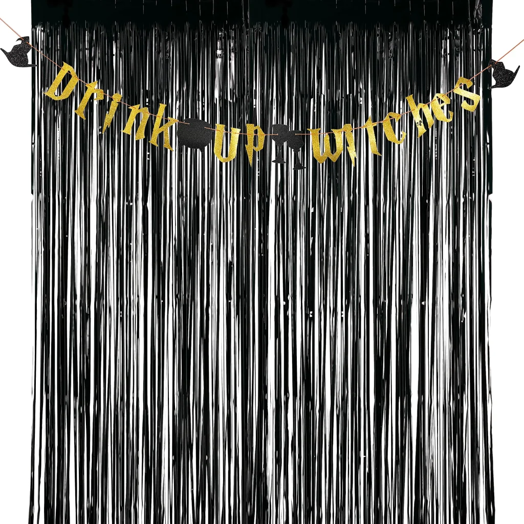 Black foil fringe curtain with gold banner