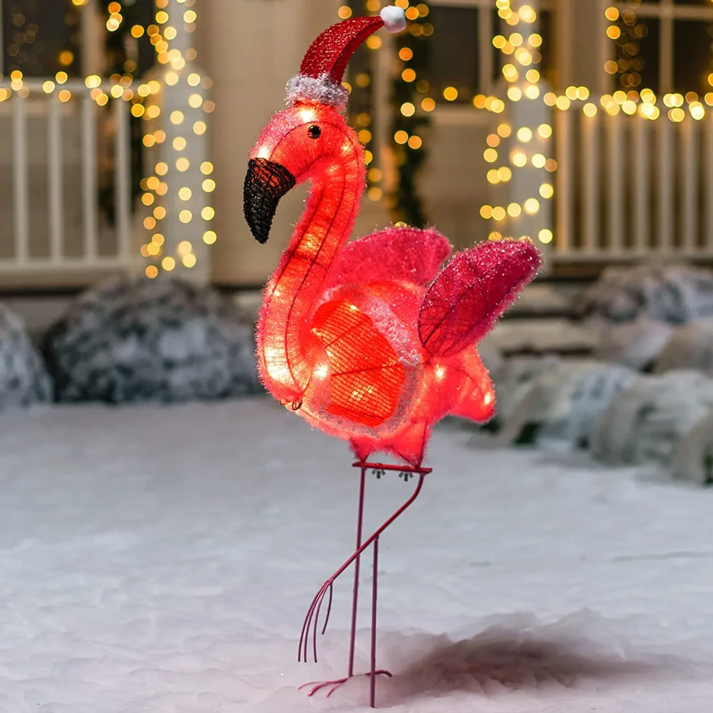 Tinsel Flamingo with Christmas Hat