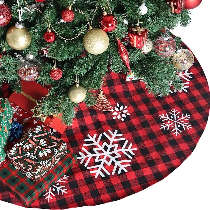 Red and Black Plaid Tree Skirt with Snowflake