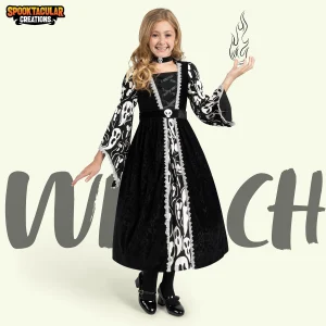 Girls Black Dark Witch Print Dress Costume