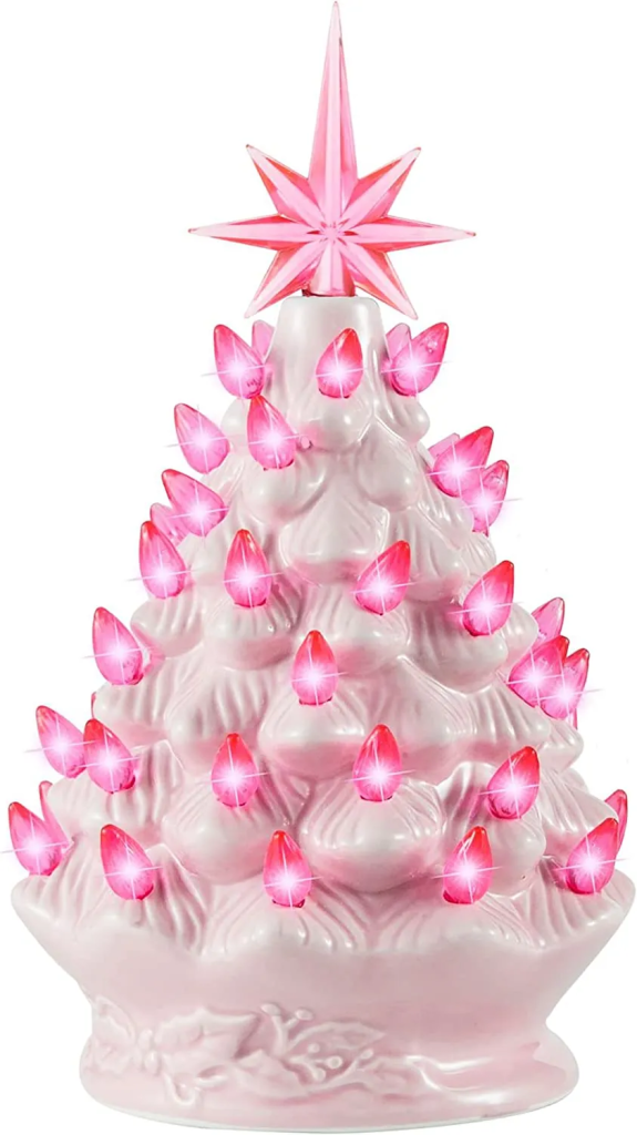 Ceramic pink tabletop vintage Christmas decorations tree prelit
