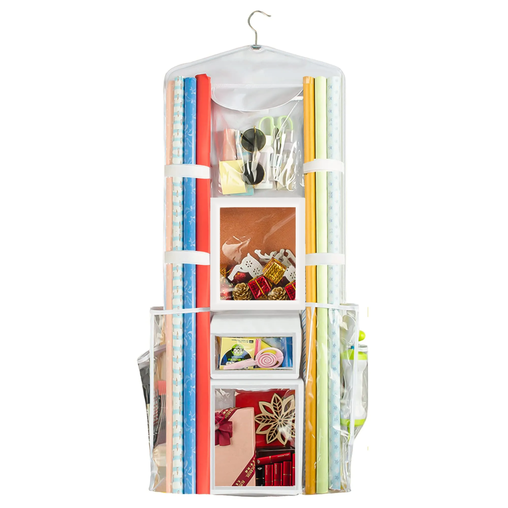 Double sided hanging wrapping paper organizer storage