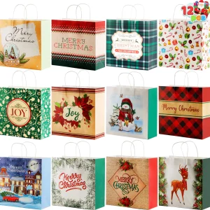 12 PCS Christmas Kraft Paper Gift Bags 12” X 12” X 5”