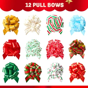12 PCS Christmas Pull Bows with Ribbon 5” Wide
