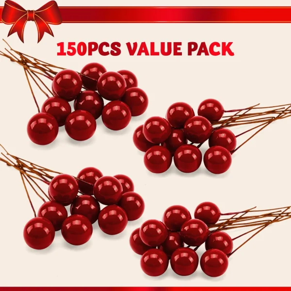 150 Pcs Christmas Red Berry Stem Artificial