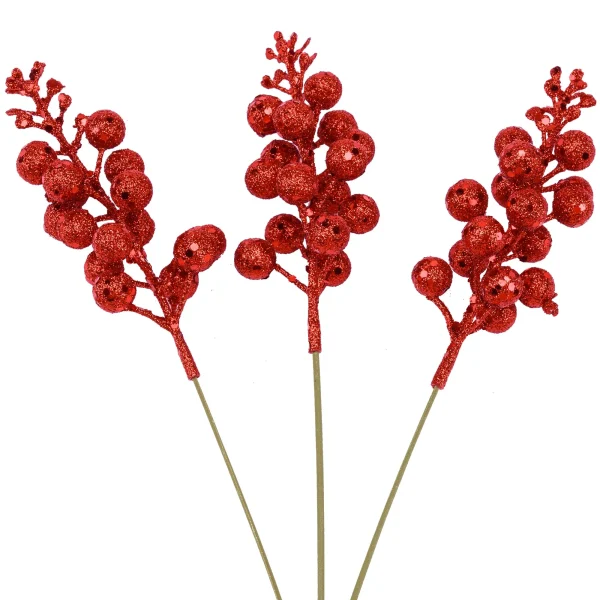 18Pcs 10in Christmas Artificial Glitter Berry Stem Ornaments (Red)