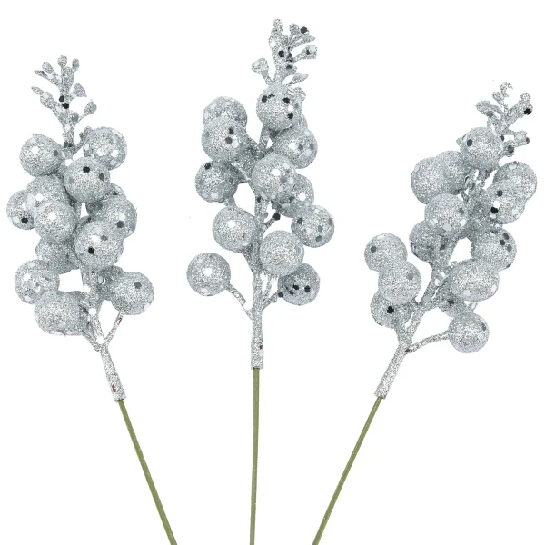18Pcs 10in Christmas Artificial Glitter Berry Stem Ornaments (Silver)