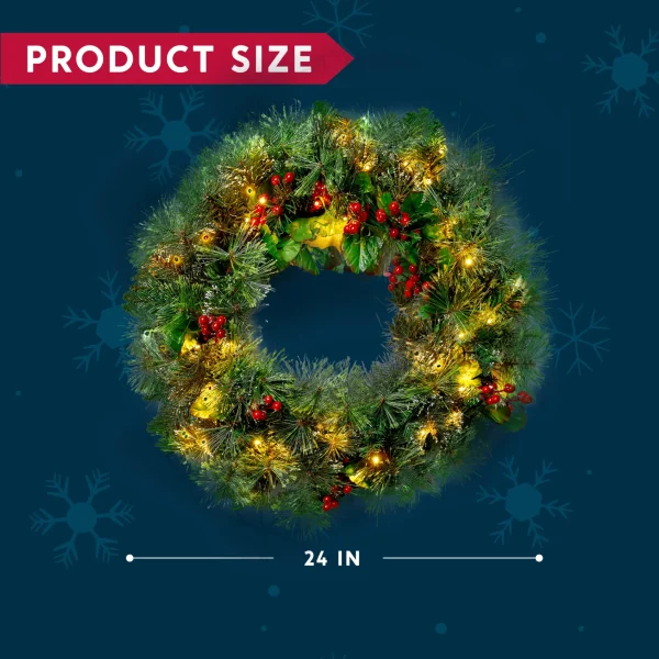 24 Inch Pre-Lit Christmas Wreath with Warm White LEDs